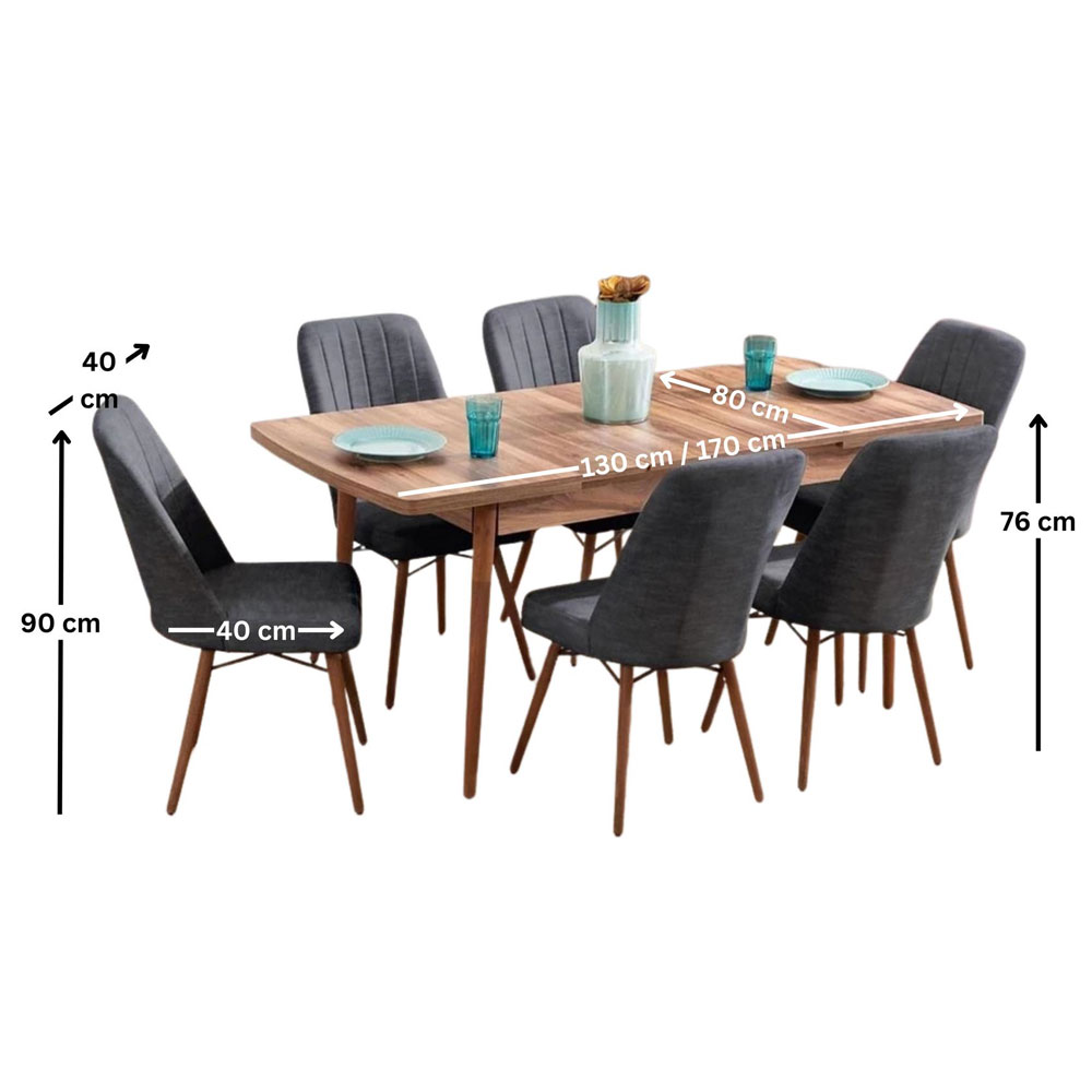Lidyana Hornbeam Extending Dining Table with 6 Polyester Anthracite Chairs