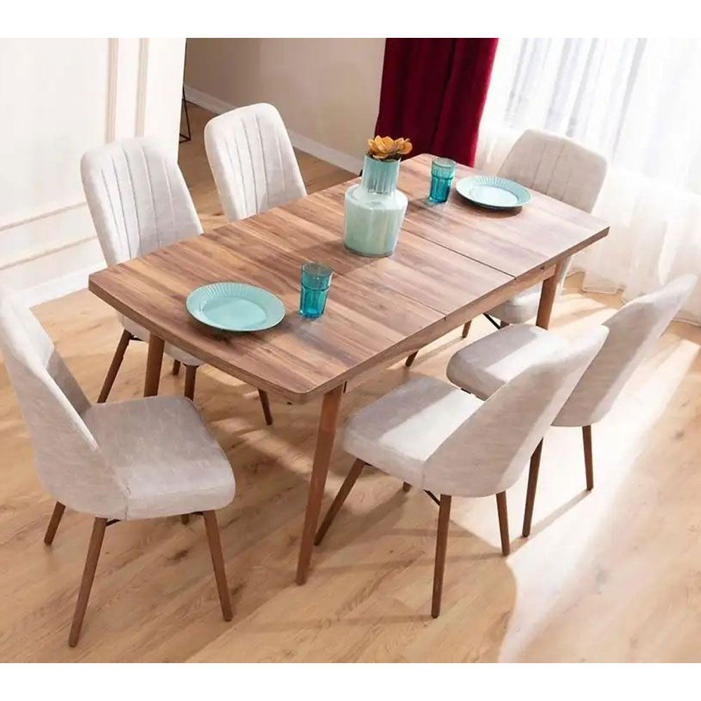 Lidyana Hornbeam Extending Dining Table with 6 Polyester Cream Chairs