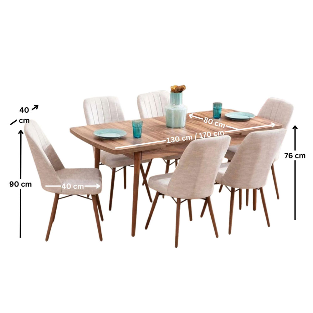 Lidyana Hornbeam Extending Dining Table with 6 Polyester Cream Chairs