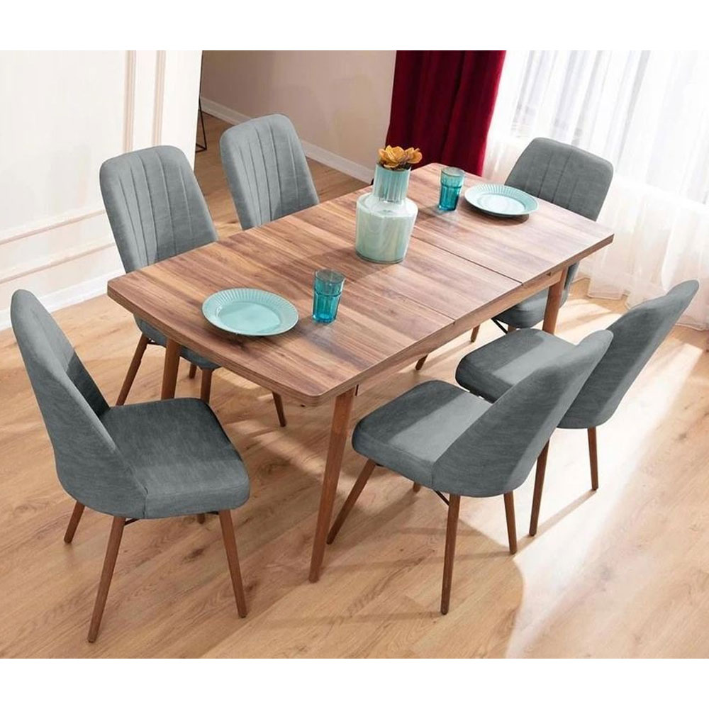 Lidyana Hornbeam Extending Dining Table with 6 Polyester Grey Chairs