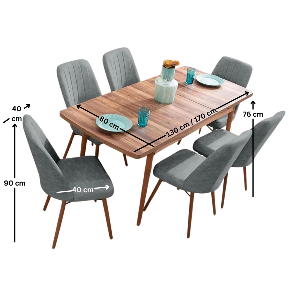 Lidyana Hornbeam Extending Dining Table with 6 Polyester Grey Chairs
