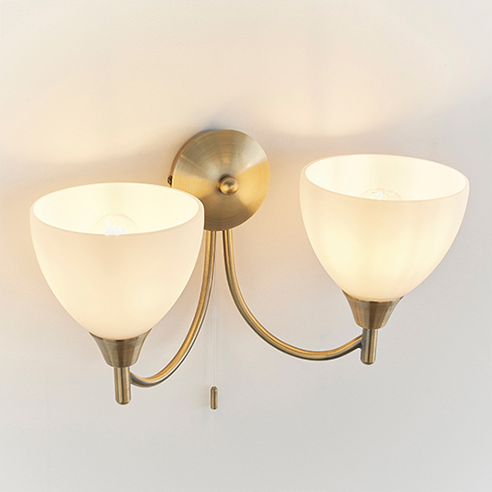 Lightson 2 Lights Matt Opal Glass Wall Light In Antique Brass