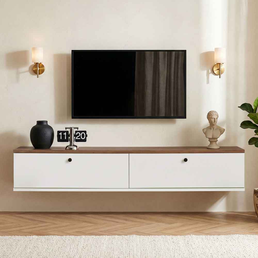 Ligne 140cm Wooden Wall Mounted TV Stand with 2 Doors in White and Atlantic Pine