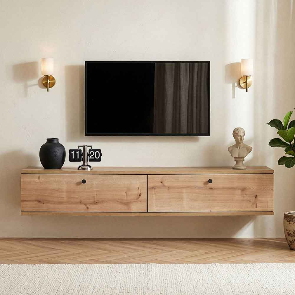 Ligne 140cm Wooden Wall Mounted TV Stand with 2 Doors in Sapphire Oak