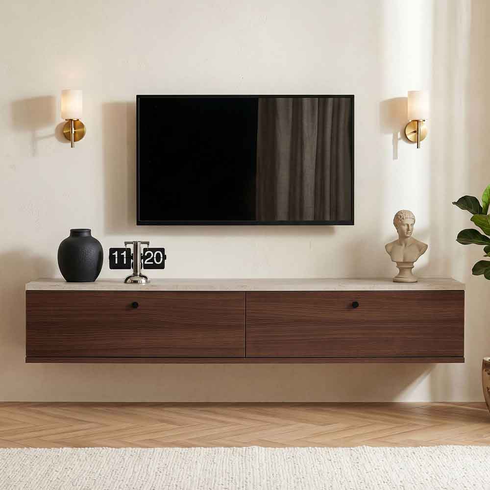 Ligne 140cm Wooden Wall Mounted TV Stand with 2 Doors in Walnut and Travertine Marble Effect