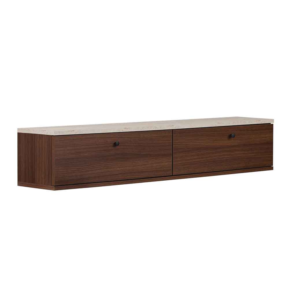 Ligne 140cm Wooden Wall Mounted TV Stand with 2 Doors in Walnut and Travertine Marble Effect