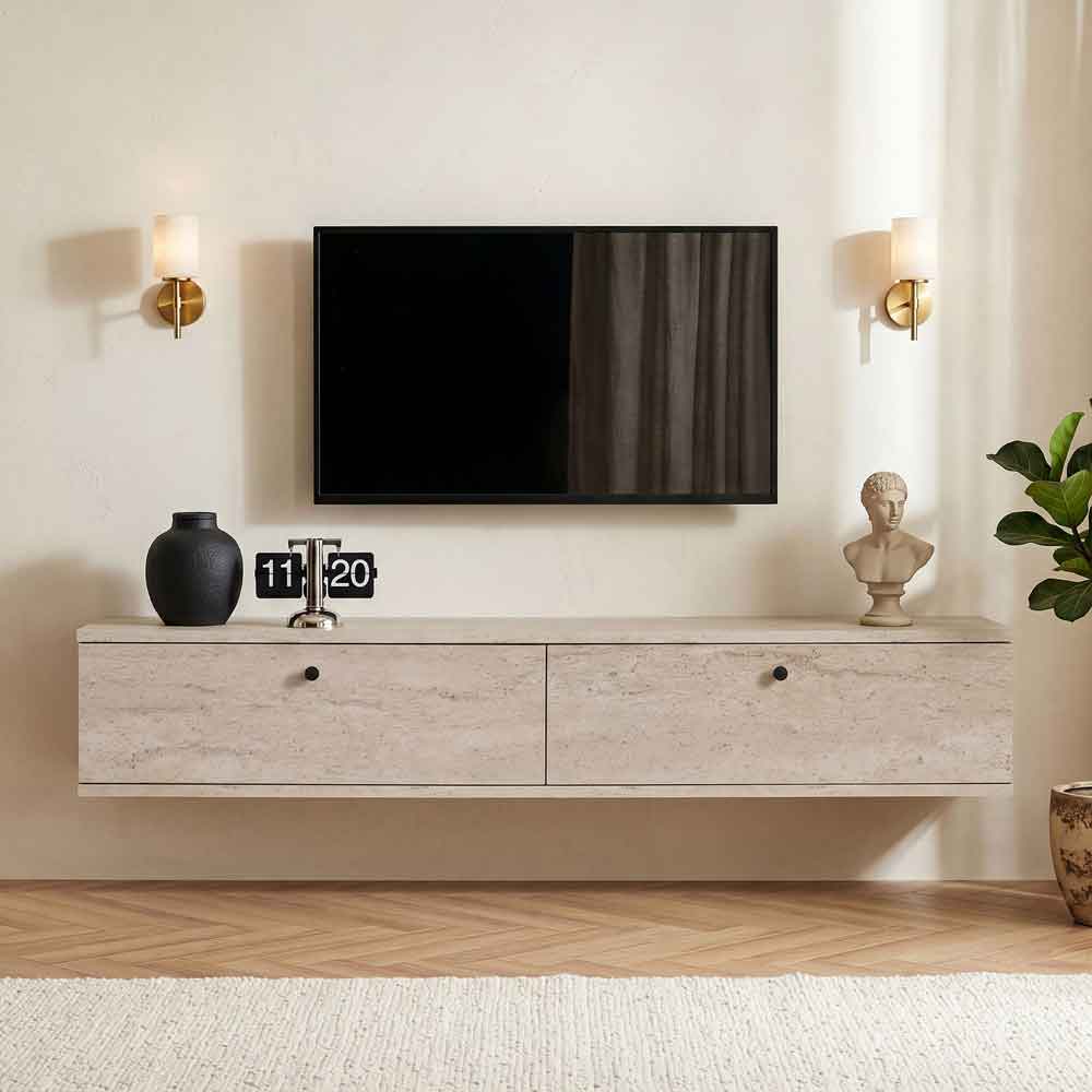 Ligne 140cm Wooden Wall Mounted TV Stand with 2 Doors in Travertine Marble Effect