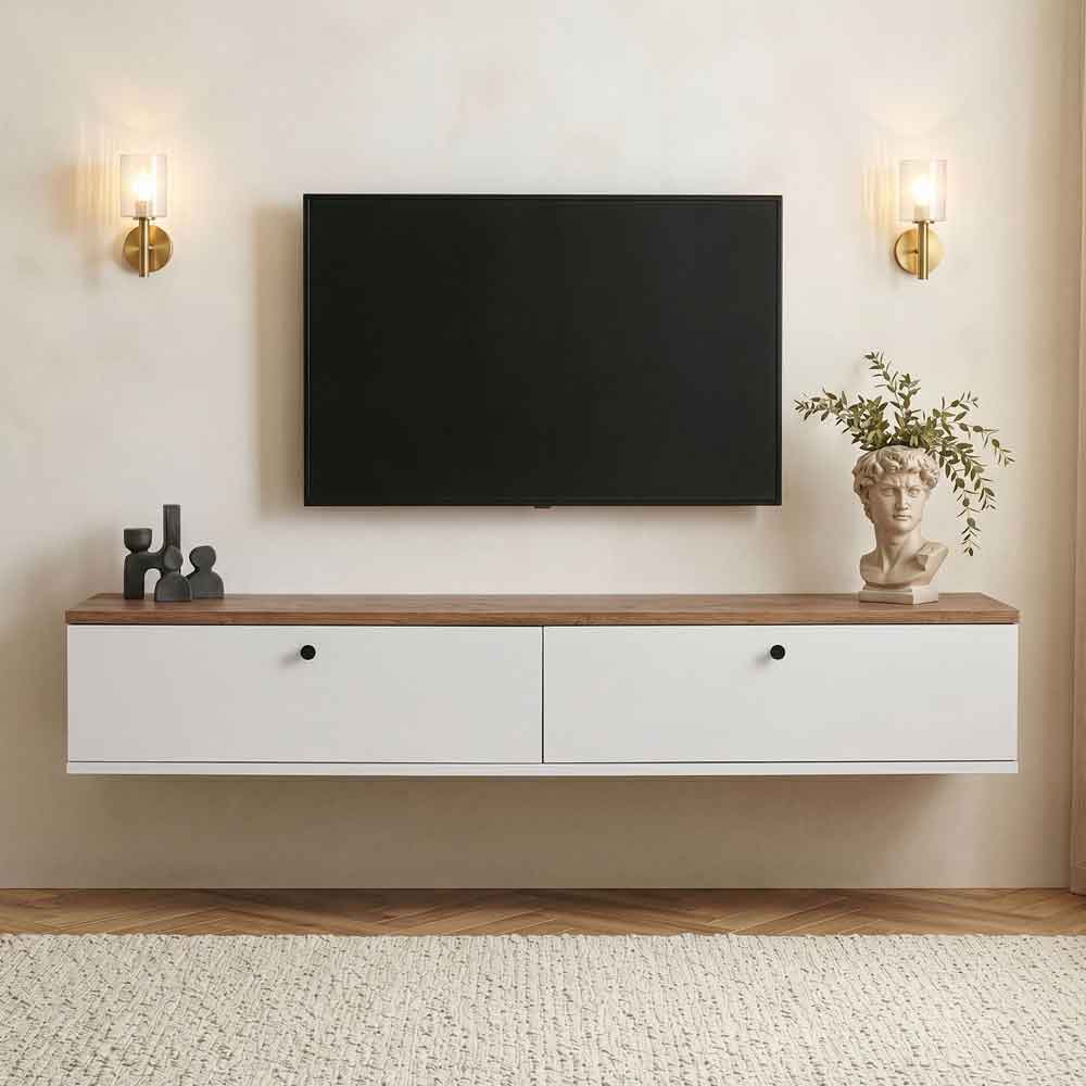Ligne 160cm Wooden Wall Mounted TV Stand with 2 Doors in White and Atlantic Pine