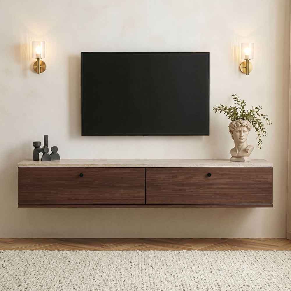 Ligne 160cm Wooden Wall Mounted TV Stand with 2 Doors in Walnut and Travertine Marble Effect