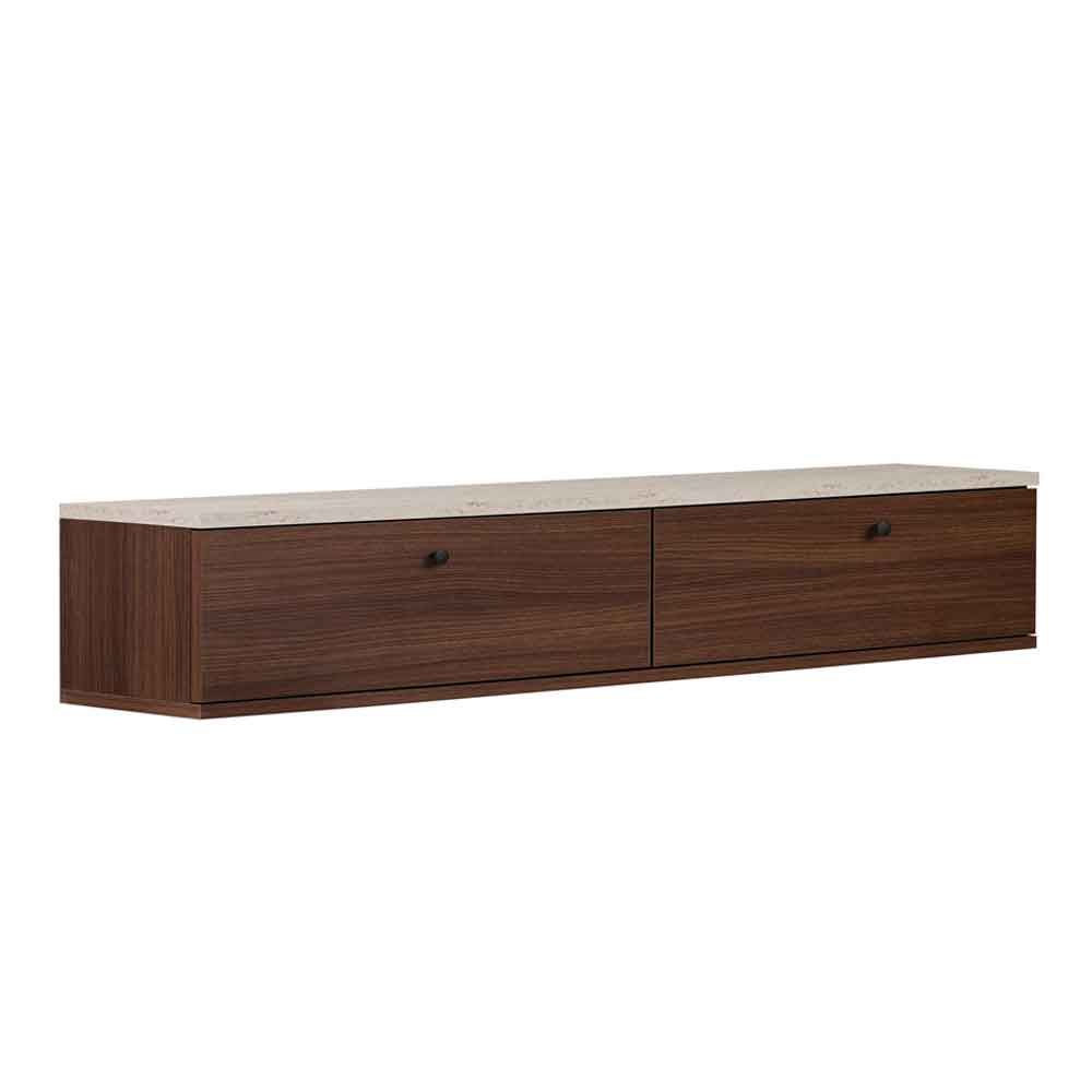 Ligne 160cm Wooden Wall Mounted TV Stand with 2 Doors in Walnut and Travertine Marble Effect