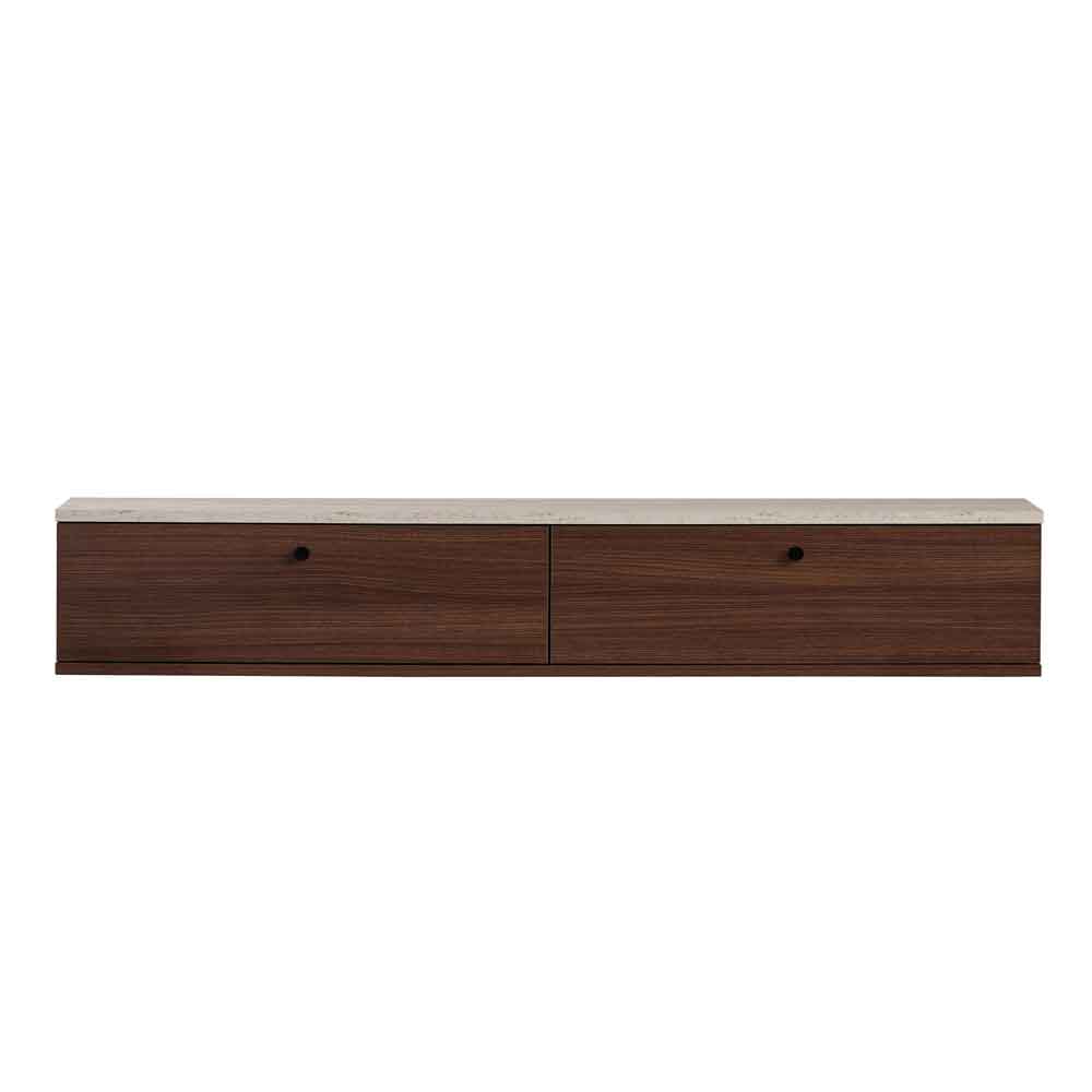 Ligne 160cm Wooden Wall Mounted TV Stand with 2 Doors in Walnut and Travertine Marble Effect