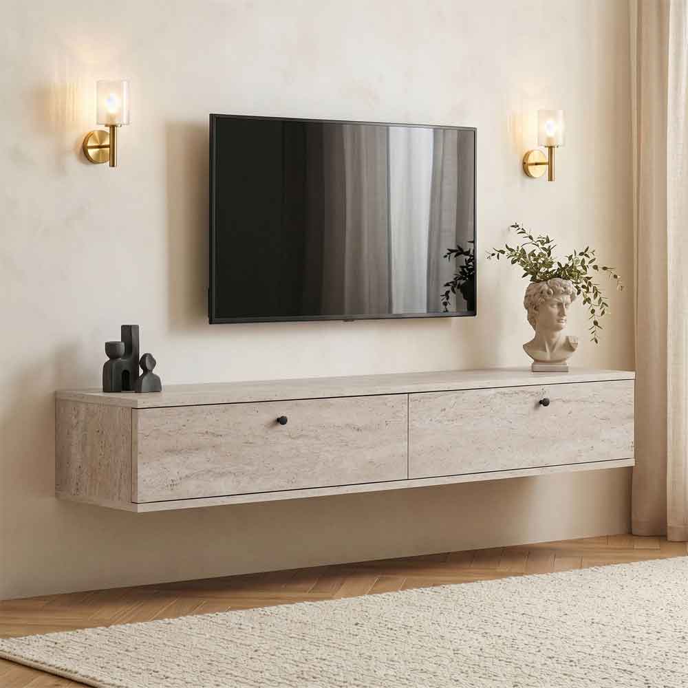 Ligne 160cm Wooden Wall Mounted TV Stand with 2 Doors in Travertine Marble Effect
