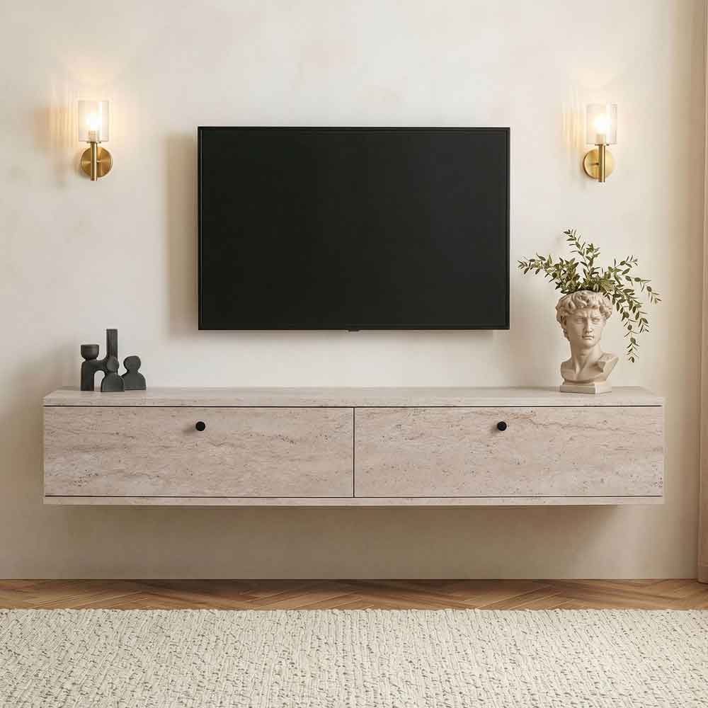 Ligne 160cm Wooden Wall Mounted TV Stand with 2 Doors in Travertine Marble Effect