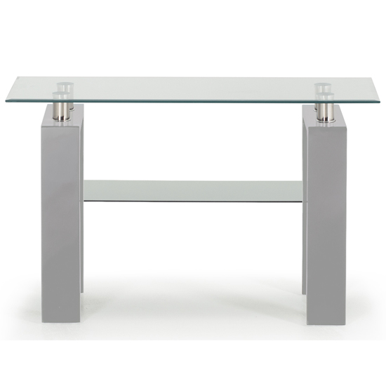 Lilia Clear Glass Console Table With Grey Wooden Base thumbnail
