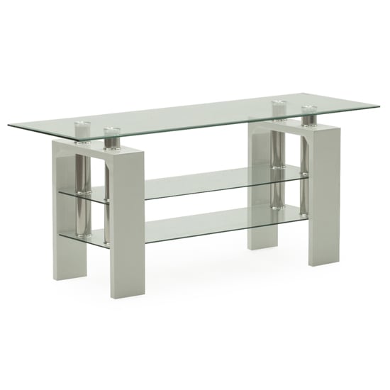 Lilia Clear Glass TV Stand With White Wooden Base_2