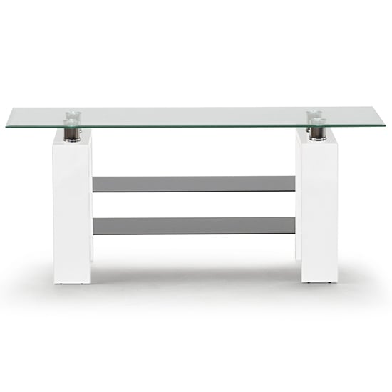 Read more about Lilia clear glass tv stand with white wooden base