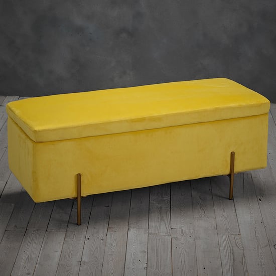 Read more about Lilia velvet storage ottoman with gold legs in mustard