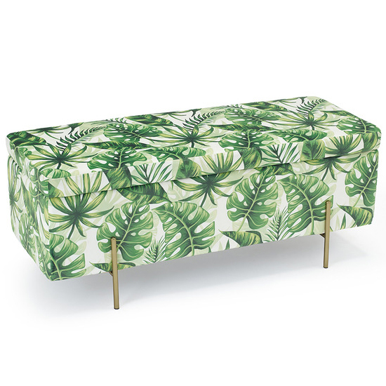 Read more about Lilia velvet storage ottoman with gold legs in palm print