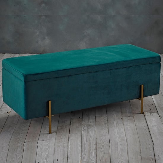 Read more about Lilia velvet storage ottoman with gold legs in teal