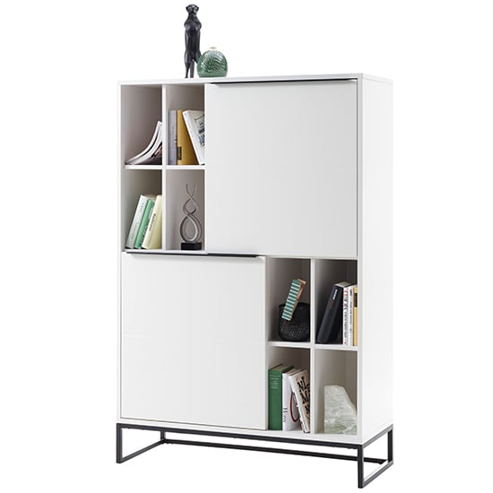 Lille Wooden Highboard In Matt White With 2 Doors And 8 Shelves