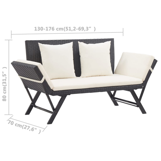 Lillie Garden Seating Bench In Black Rattan With Cushions