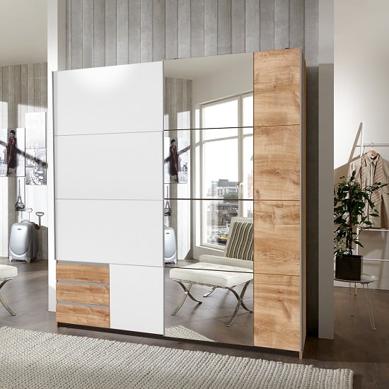 Limoni Sliding Mirrored Wardrobe In Planked Oak Effect And White