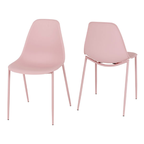 Read more about Laggan pink plastic dining chairs with metal legs in pair