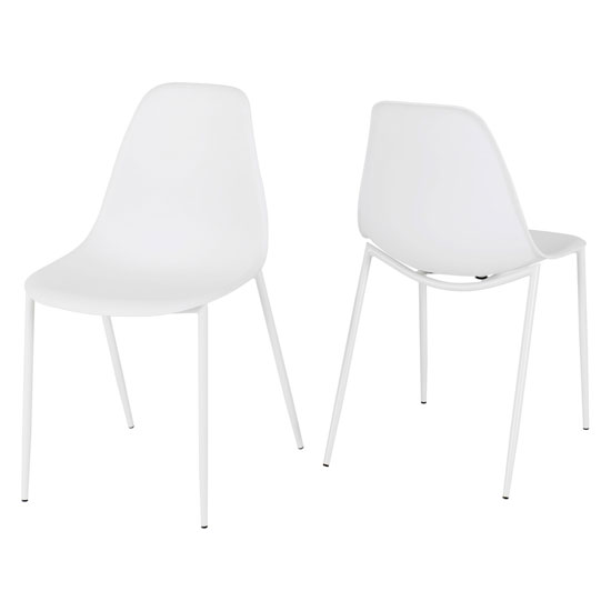 Read more about Laggan white plastic dining chairs with metal legs in pair