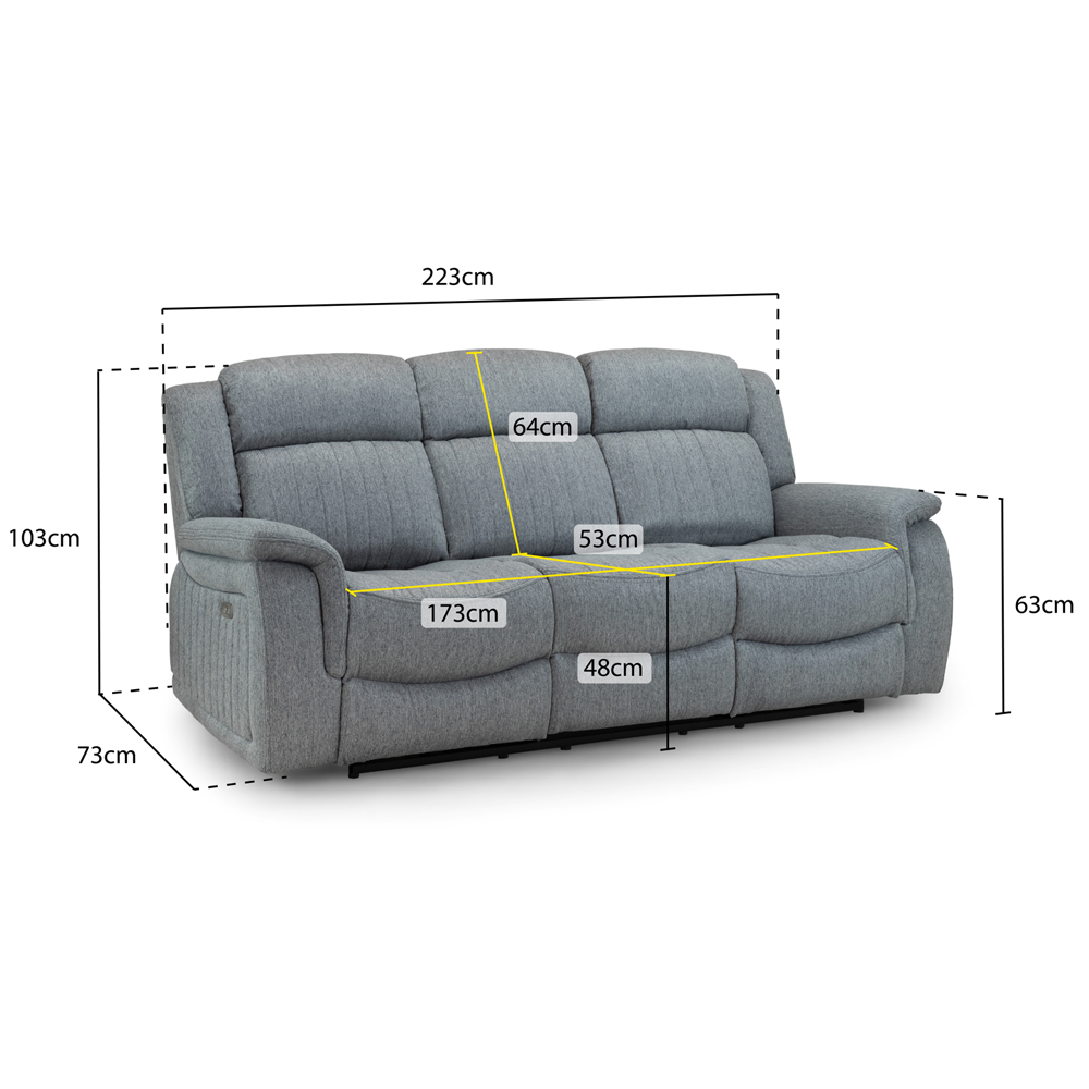 Lindsay Fabric Electric Recliner 3 Seater Sofa In Grey