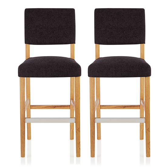 Read more about Linnot aubergine fabric bar stools with oak legs in pair