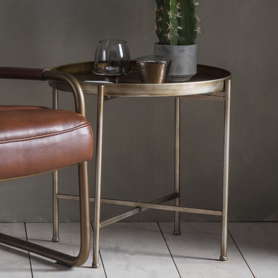 Read more about Linux round metal tray side table in bronze
