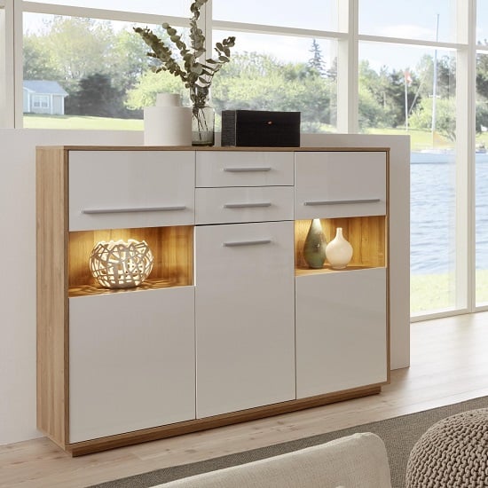 Photo of Liona highboard in glossy white and rustic oak with led