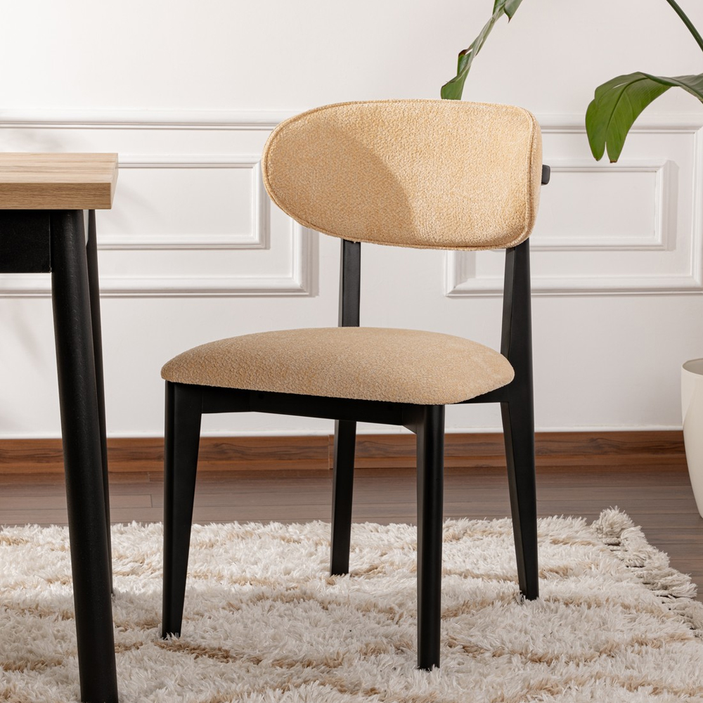 Lioro Beige Fabric Dining Chairs with Black Wooden Frame in Pair