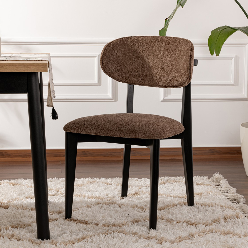 Lioro Brown Fabric Dining Chairs with Black Wooden Frame in Pair