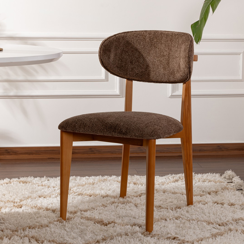 Lioro Brown Fabric Dining Chairs with Dark Oak Wooden Frame in Pair
