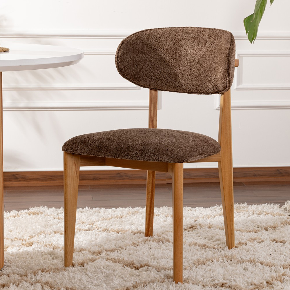 Lioro Brown Fabric Dining Chairs with Light Oak Wooden Frame in Pair