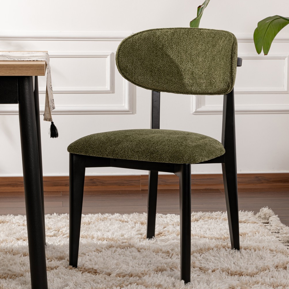 Lioro Green Fabric Dining Chairs with Black Wooden Frame in Pair