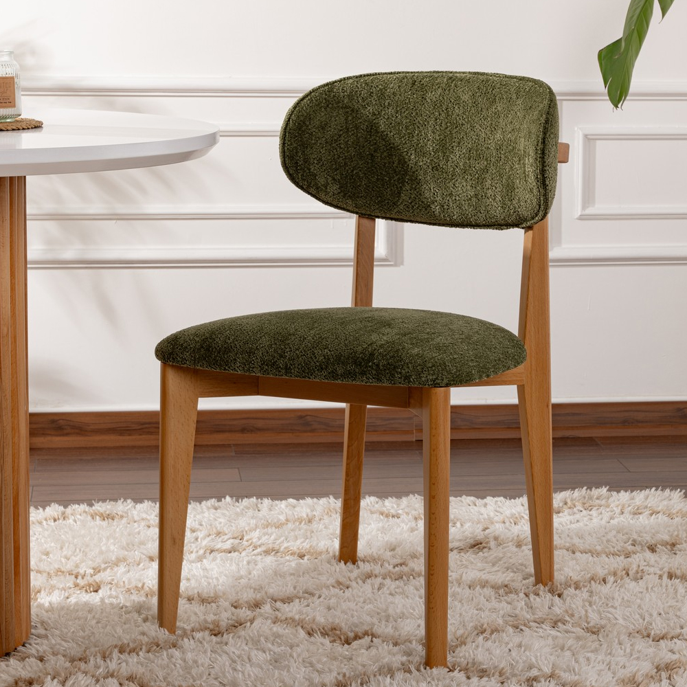 Lioro Green Fabric Dining Chairs with Light Oak Wooden Frame in Pair