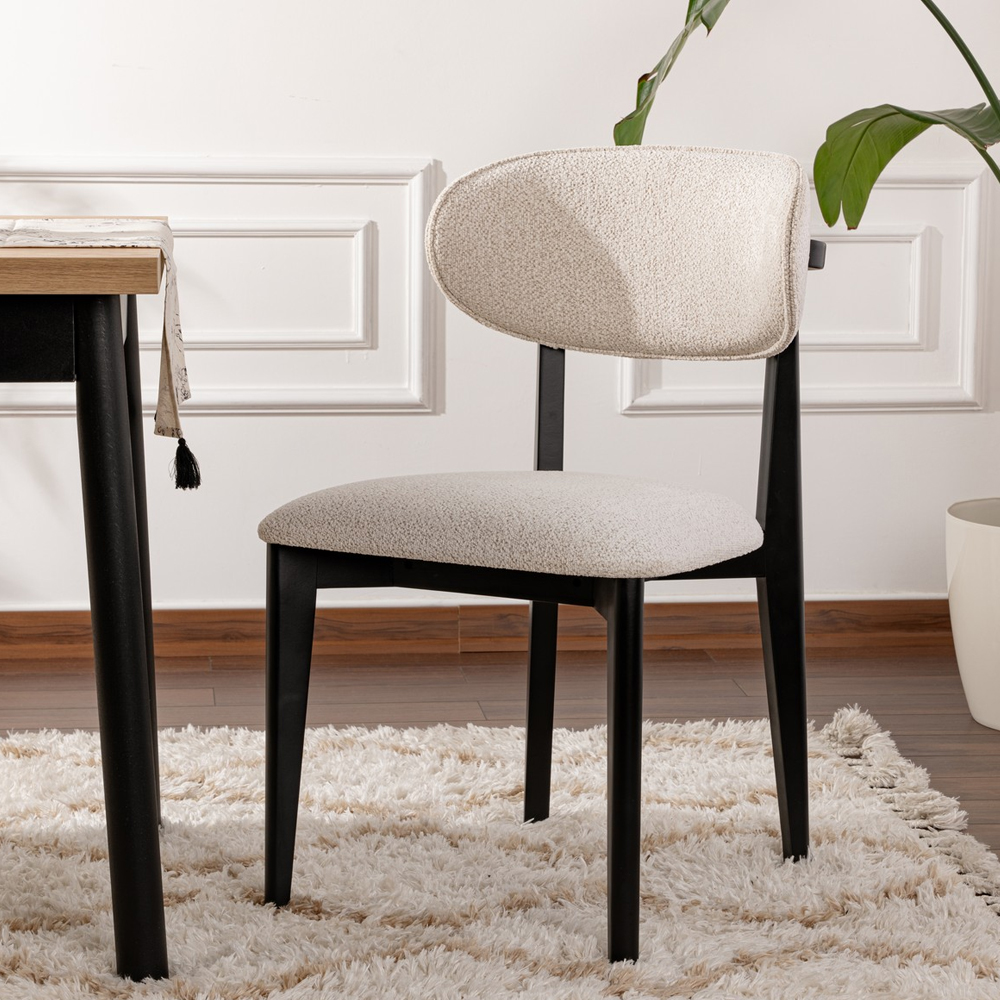 Lioro White Fabric Dining Chairs with Black Wooden Frame in Pair