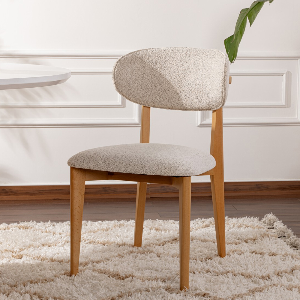 Lioro White Fabric Dining Chairs with Light Oak Wooden Frame in Pair