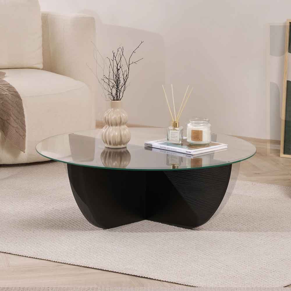 Liorza Round Clear Glass Coffee Table with Black Wooden Base