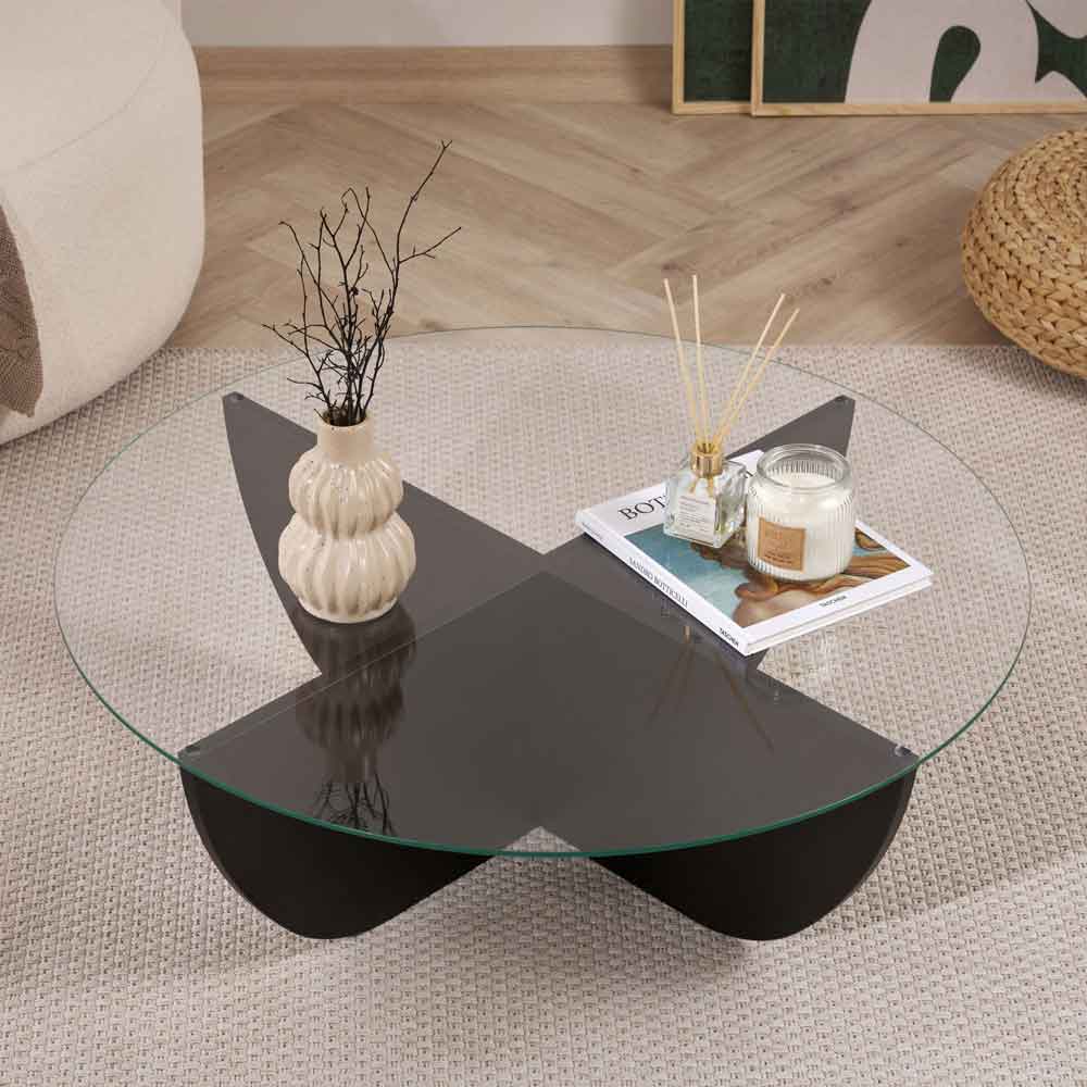 Liorza Round Clear Glass Coffee Table with Black Wooden Base