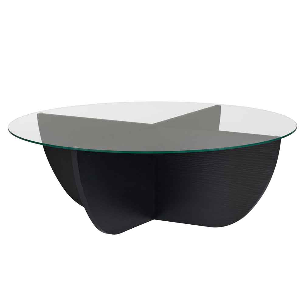Liorza Round Clear Glass Coffee Table with Black Wooden Base