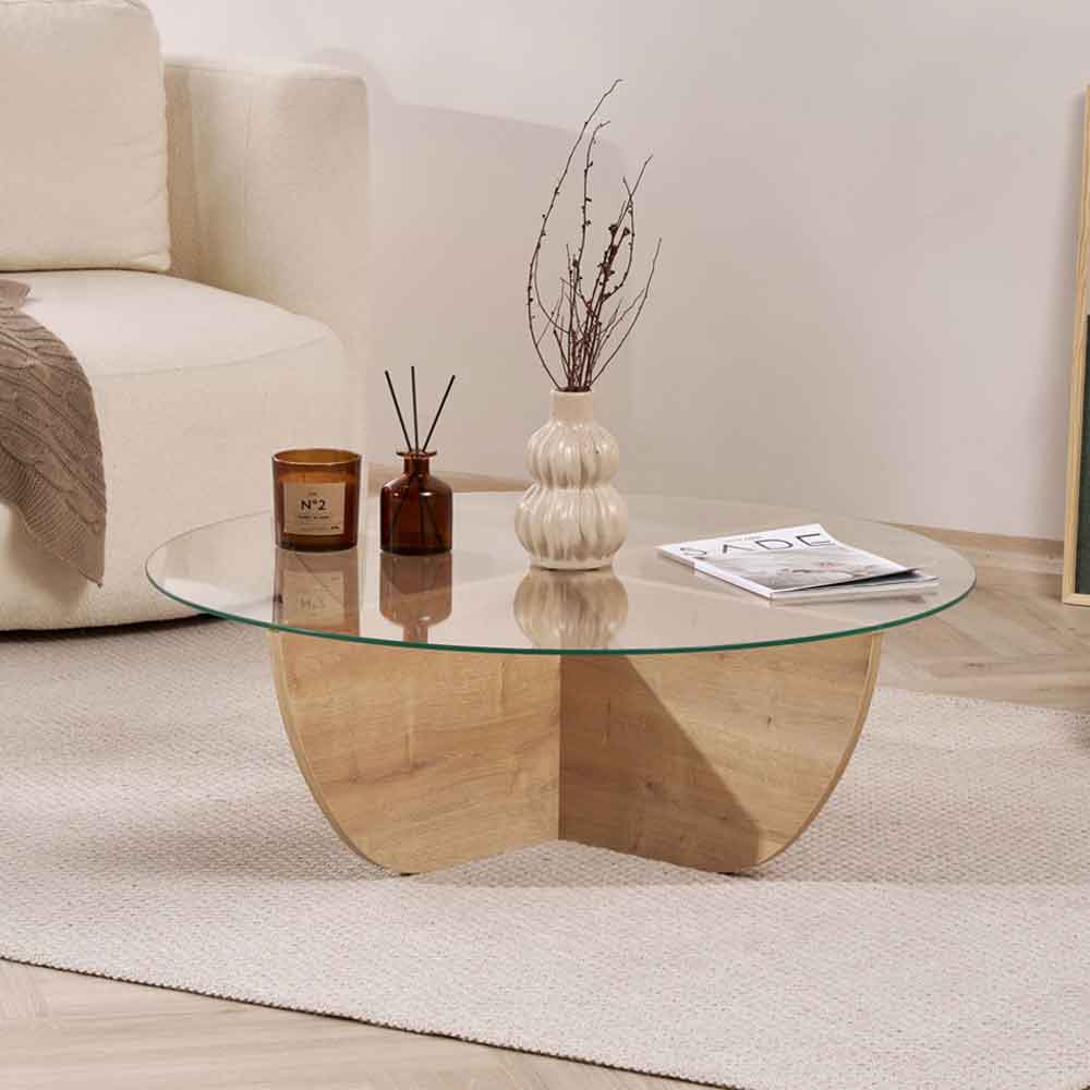 Liorza Round Clear Glass Coffee Table with Sapphire Oak Wooden Base