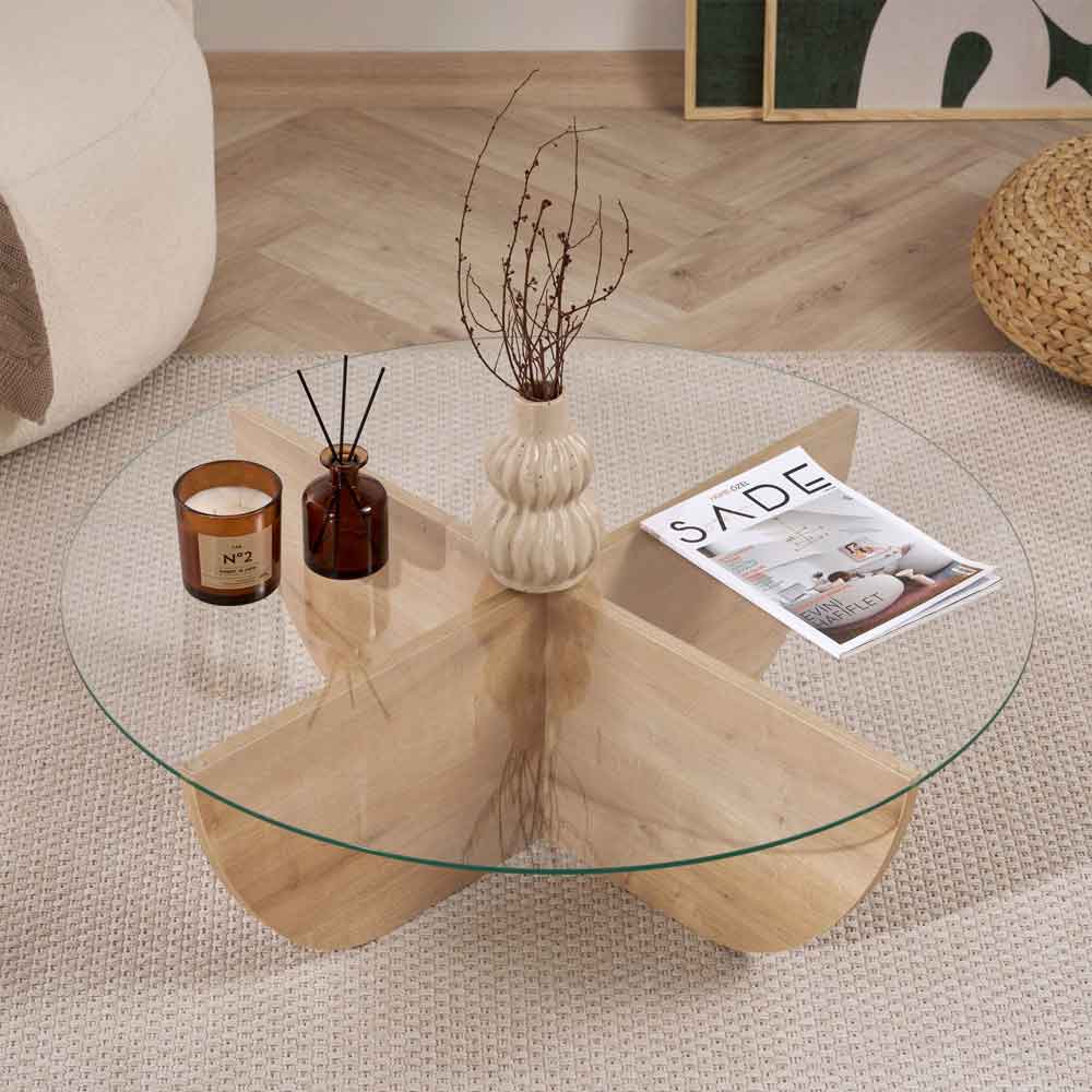 Liorza Round Clear Glass Coffee Table with Sapphire Oak Wooden Base