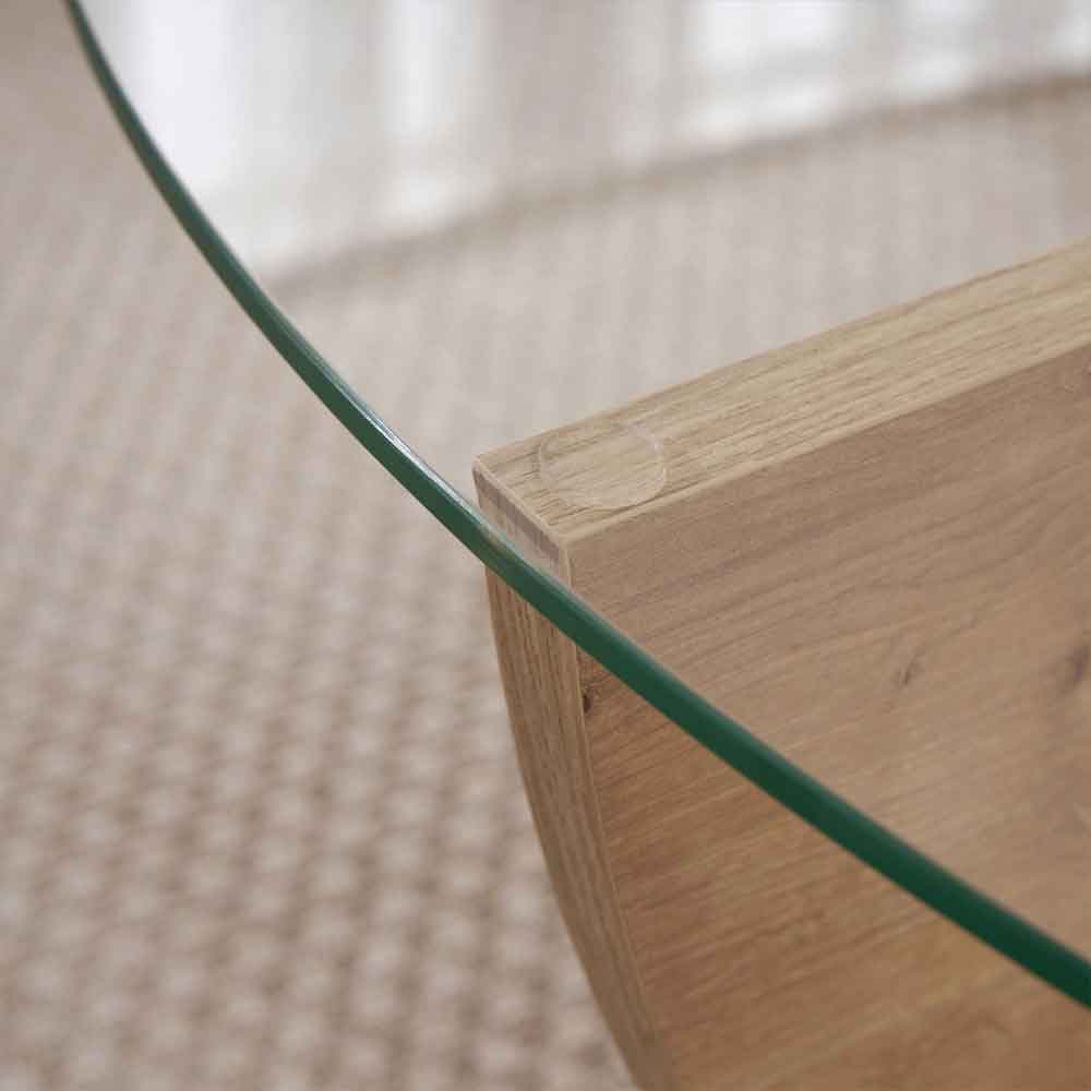 Liorza Round Clear Glass Coffee Table with Sapphire Oak Wooden Base