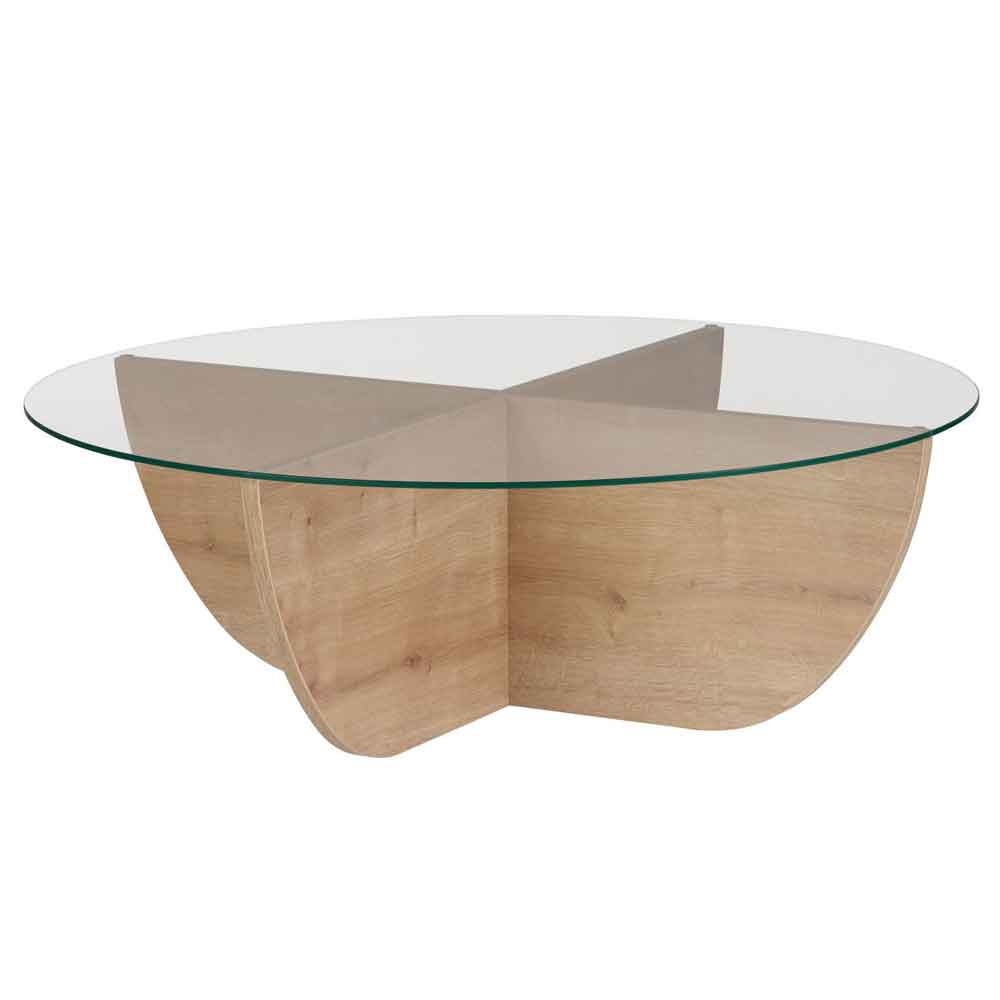 Liorza Round Clear Glass Coffee Table with Sapphire Oak Wooden Base