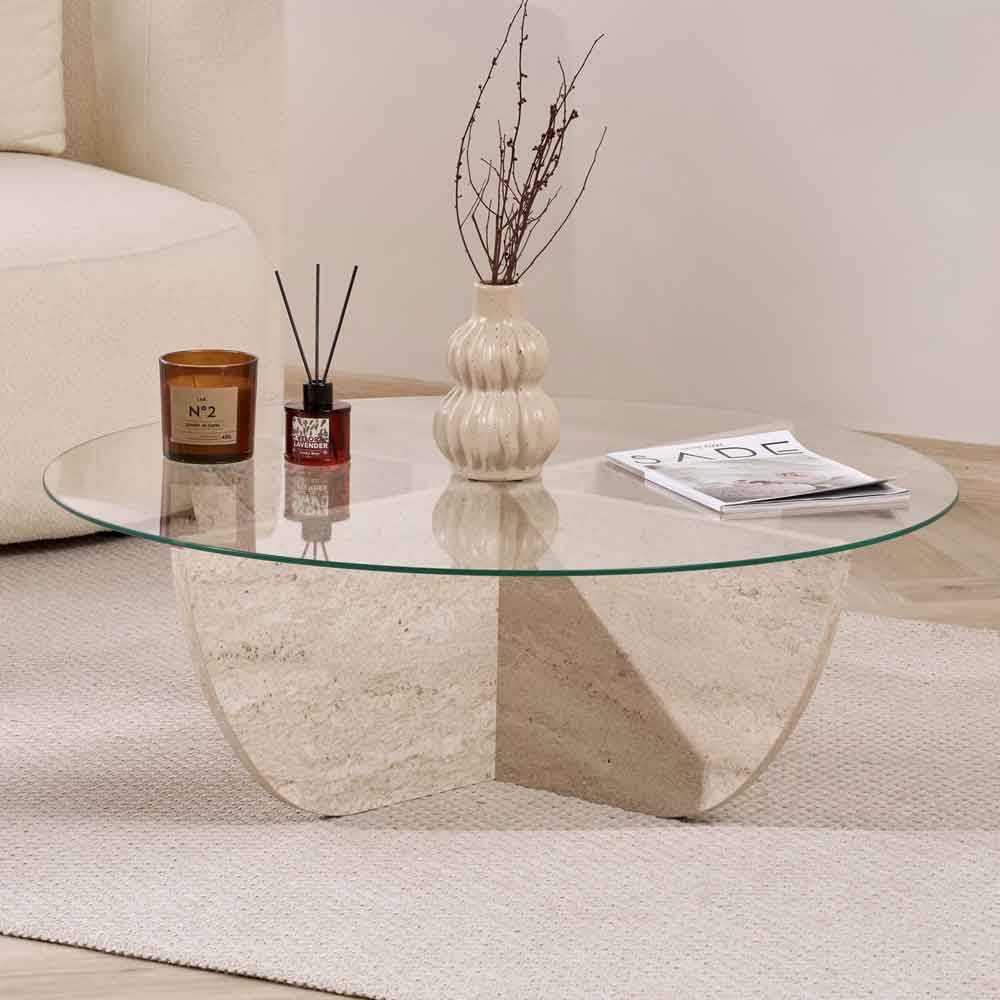 Liorza Round Clear Glass Coffee Table with Travertine Marble Effect Wooden Base