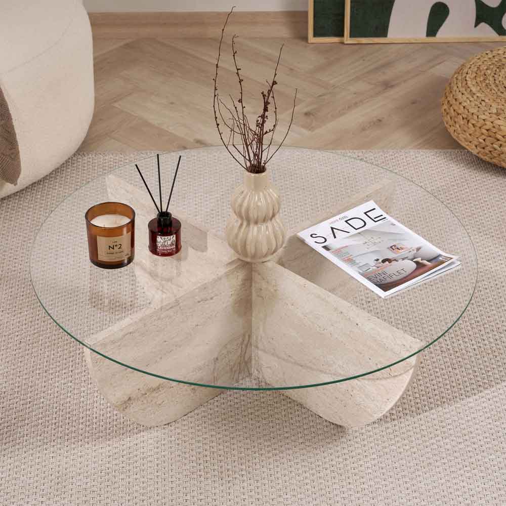 Liorza Round Clear Glass Coffee Table with Travertine Marble Effect Wooden Base