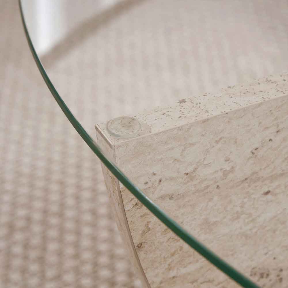 Liorza Round Clear Glass Coffee Table with Travertine Marble Effect Wooden Base